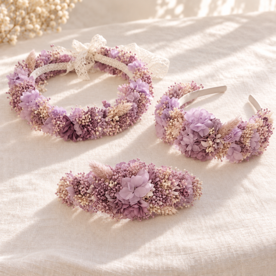 Coronitas, diademas y pasadores Lila de comunión de flores naturales preservadas