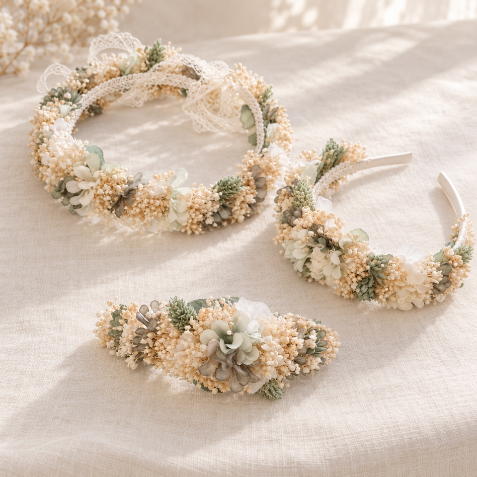 Coronitas, diademas y pasadores Crudo con Toques Verdes de comunión de flores naturales preservadas (copia)